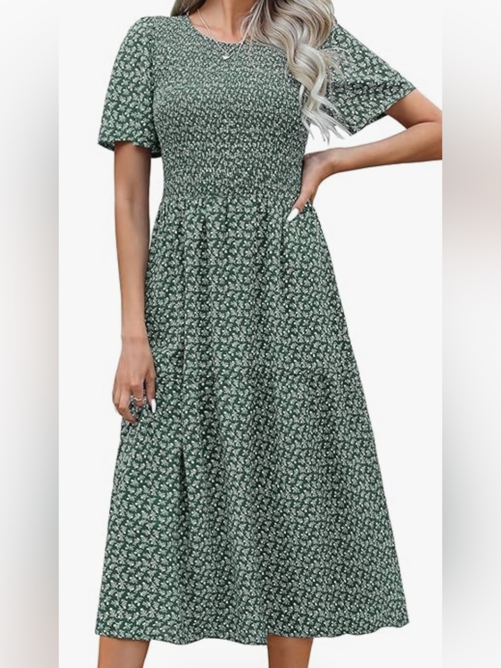 Women’s Ellakoko Smocked Waist Short Sleeve Floral Midi Dress - Green